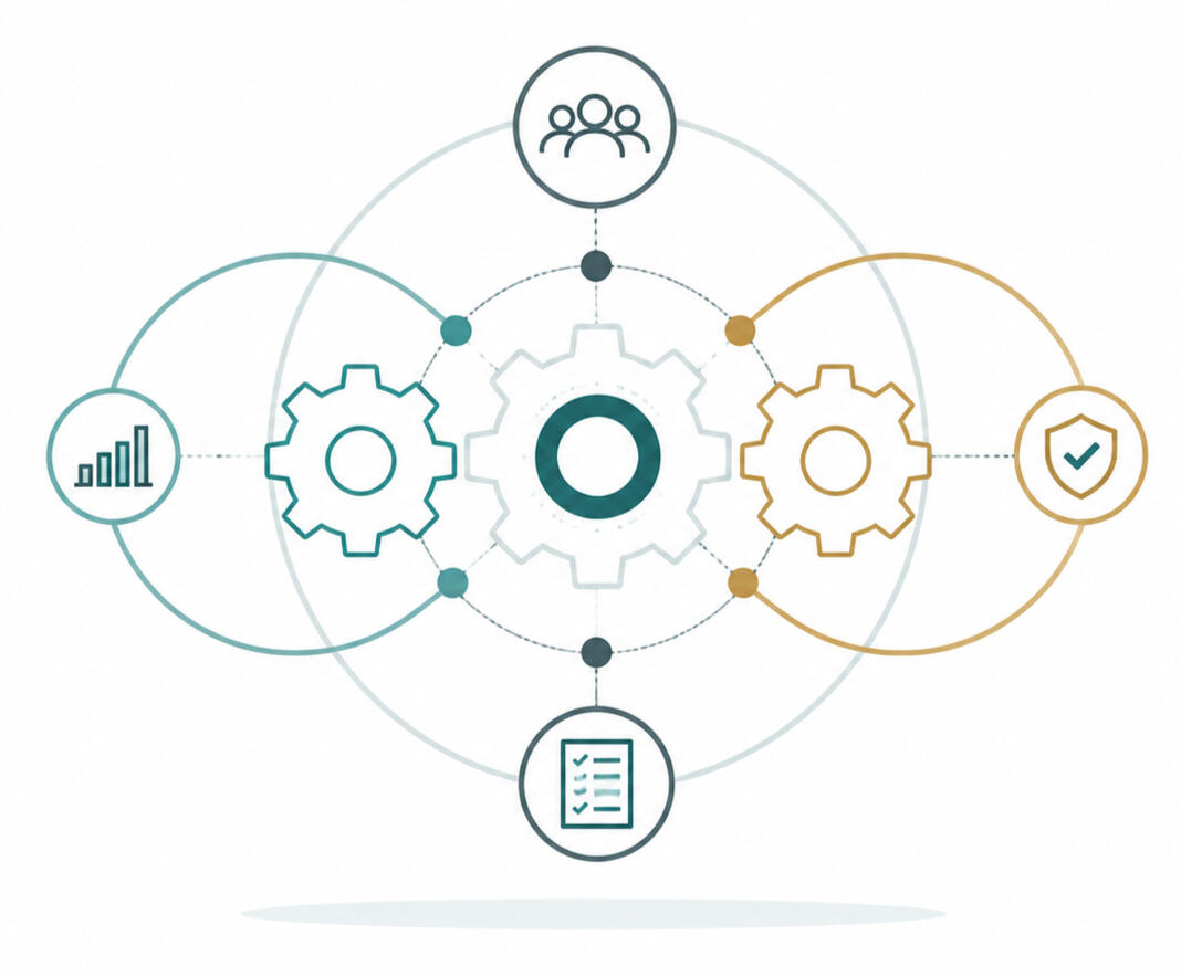 Interlocking gears with icons of a community, a "done" checkmark, a checklist, and a graph.